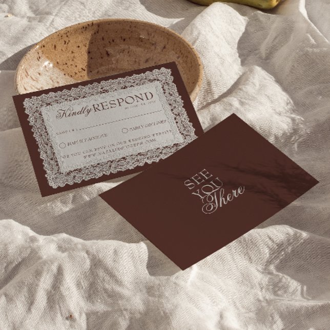 Cartão RSVP Casamento Marrom Chocolate Clássico com Renda Dinh (Criador carregado)