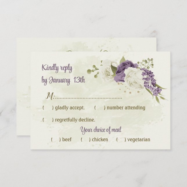 Cartão RSVP casamento mauve de flores brancas verde (Frente/Verso)