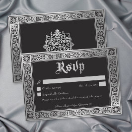 Cartão RSVP Casamento Medieval Gótico Azul Prata QR