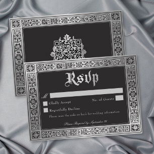 Cartão RSVP Casamento Medieval Gótico Azul Prata QR