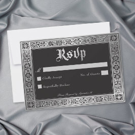Cartão RSVP Casamento Medieval Gótico Preto Prata