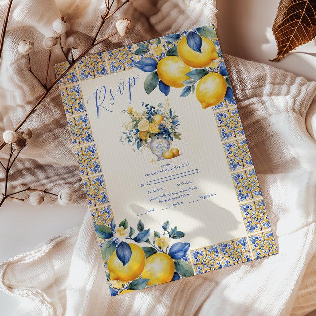 Cartão RSVP Casamento mediterrânico Chic Lemon Floral Greenery (Criador carregado)
