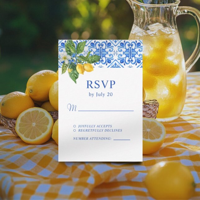 Cartão RSVP Casamento mediterrânico de azulejos azuis e limões (Criador carregado)