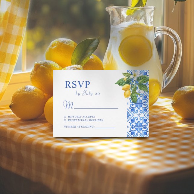 Cartão RSVP Casamento mediterrânico de azulejos azuis e limões (Criador carregado)