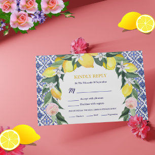 Cartão RSVP Casamento mediterrânico de Azulejos Azuis-Limão