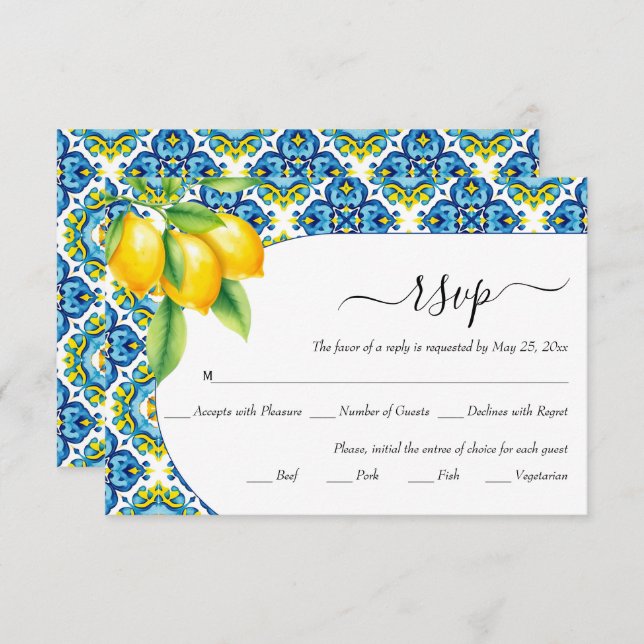 Cartão RSVP Casamento mediterrânico de limão azulejo azul e am (Frente/Verso)