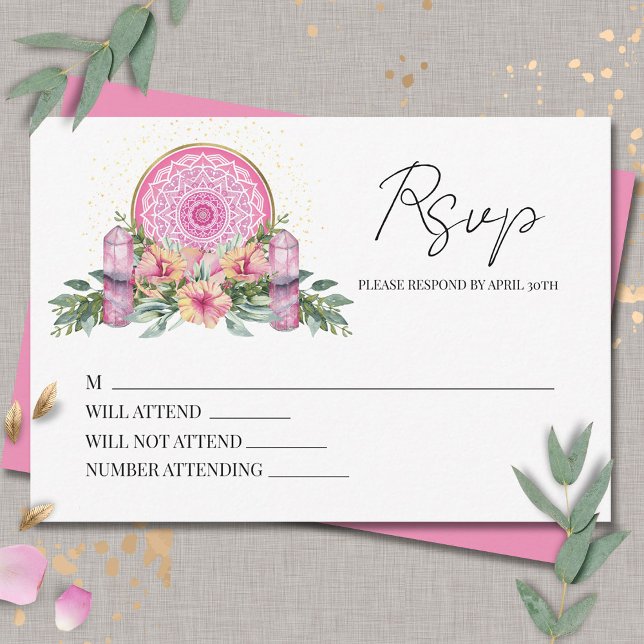 Cartão RSVP Casamento Metafísico com Cristais de Mandala Flora (Criador carregado)