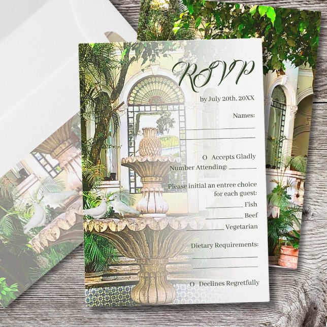 Cartão RSVP Casamento mexicano com Elegant Hacienda e Doves Br (Criador carregado)