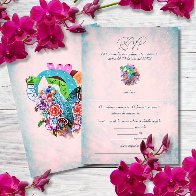 Cartão RSVP Casamento Mexicano Coração das Flores Russas (Criador carregado)