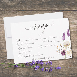 Cartão RSVP Casamento Minimalista Aquarela Flor Silvestre Roxa
