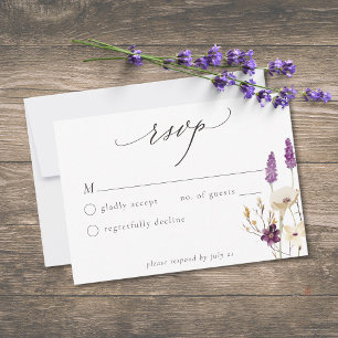 Cartão RSVP Casamento Minimalista Aquarela Flor Silvestre Roxa