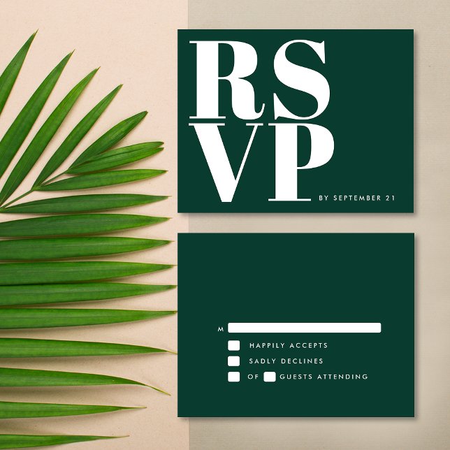 Cartão RSVP Casamento Minimalista Branca Branca Verde Moderna (Front / Back)