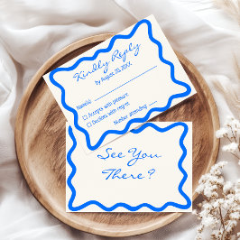 Cartão RSVP Casamento Minimalista com Borda Ondulada Azul