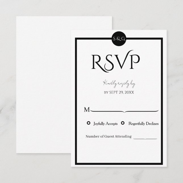 Cartão RSVP Casamento Minimalista Elegante Preto e Branco (Frente/Verso)