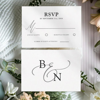 Cartão RSVP Casamento Minimalista Simples Preto Branco Script