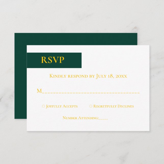 Cartão RSVP Casamento Mínimo de Emerald Green Dourado Monogram (Frente/Verso)