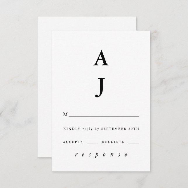 Cartão RSVP Casamento Mínimo de Monograma Preto e Branco (Frente/Verso)