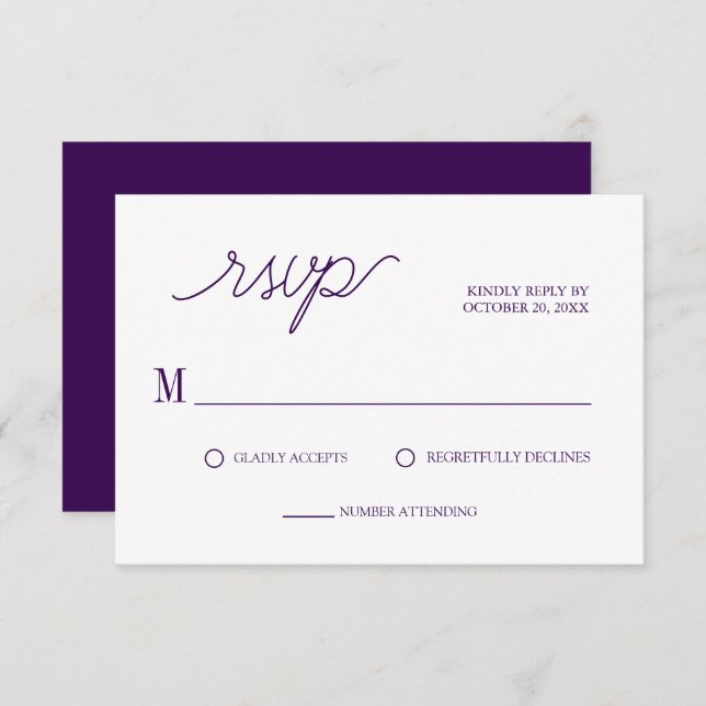 Cartão RSVP Casamento Mínimo de Púrpura Roxo de Script Elegant (Frente/Verso)