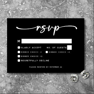 Cartão RSVP Casamento Mínimo de Script Branco Preto Moderno