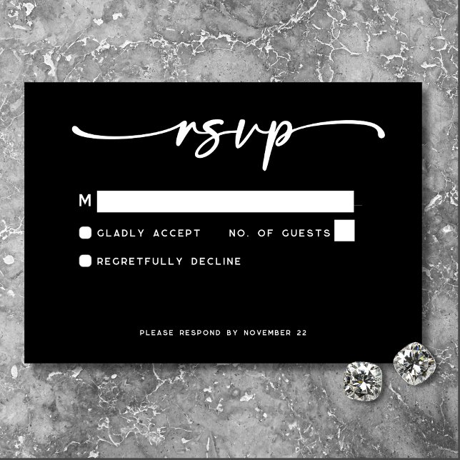 Cartão RSVP Casamento Mínimo de Script Branco Preto Moderno (Modern Black White Script Photo Wedding No Dinner RSVP Card)