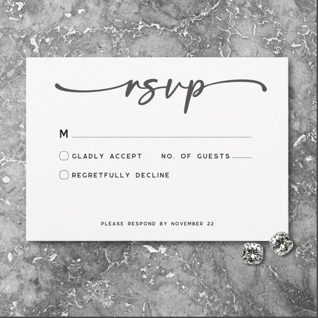 Cartão RSVP Casamento Mínimo de Script Branco Preto Moderno (Modern Black White Script Photo Wedding No Dinner RSVP Card)