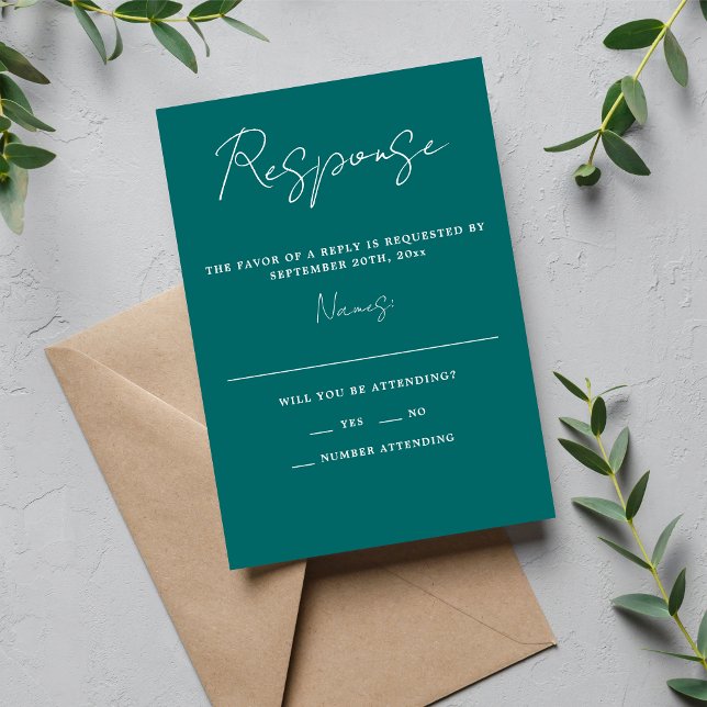 Cartão RSVP Casamento Mínimo de Teal com Simplicidade 3 Script (Criador carregado)