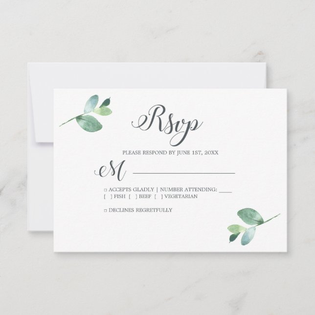Cartão RSVP Casamento Mínimo do Eucalyptus Foliage em Script C (Frente)
