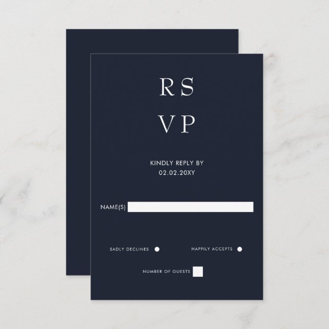 Cartão RSVP Casamento Mínimo Elegante de Marinhos Modernos Sim (Frente/Verso)