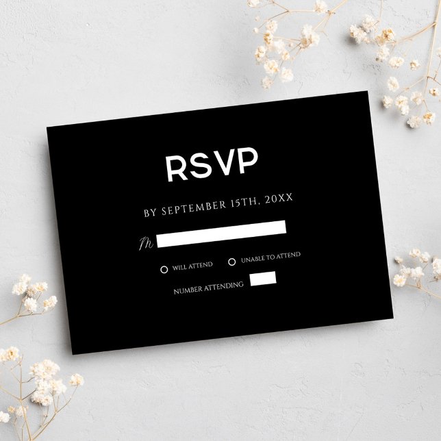 Cartão RSVP Casamento Mínimo Imlante Moderno Negro (Black Modern Elegant Minimal Wedding RSVP Card)
