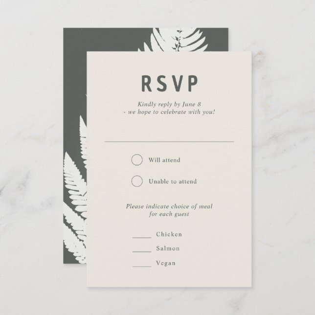 Cartão RSVP Casamento Mínimo Moderno da Floresta Botânica Fern (Frente/Verso)