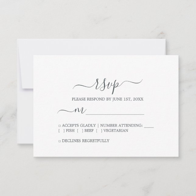 Cartão RSVP Casamento Mínimo Preto-Branco-Chic Script (Frente)