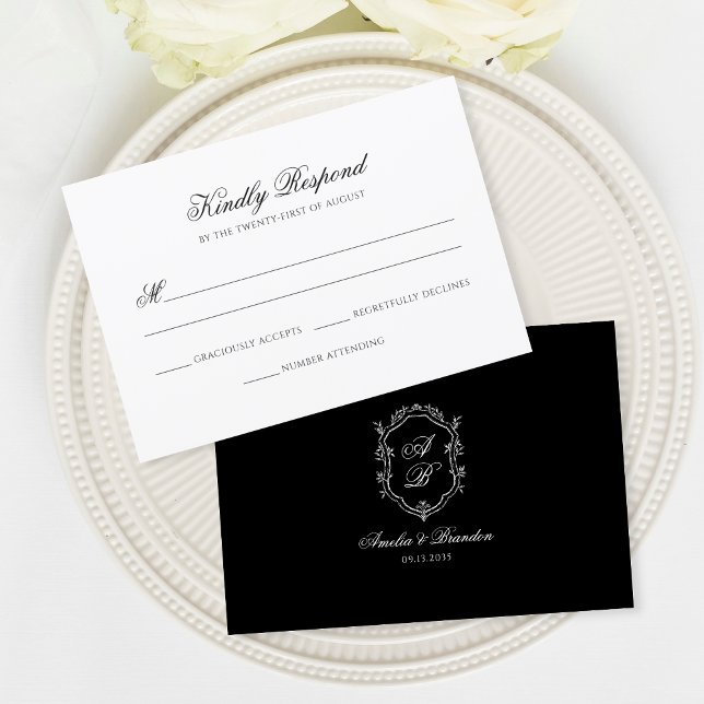 Cartão RSVP Casamento Mínimo Preto de Monograma Floral Branco (Criador carregado)