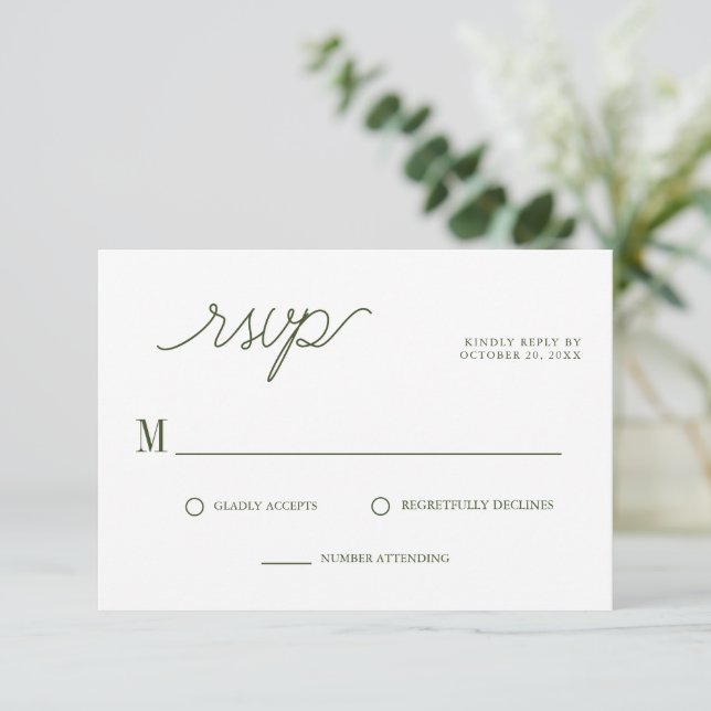 Cartão RSVP Casamento Mínimo Verde Verde-Oliva Elegante (Em pé/Frente)