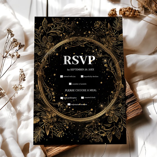 Cartão RSVP Casamento Místico Celestial Negro e Dourado (Criador carregado)