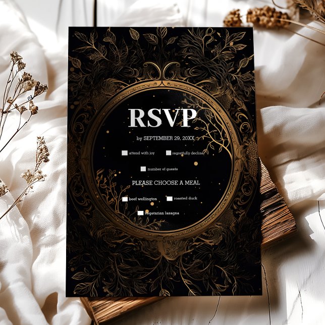 Cartão RSVP Casamento Místico Celestial Negro e Dourado (Criador carregado)