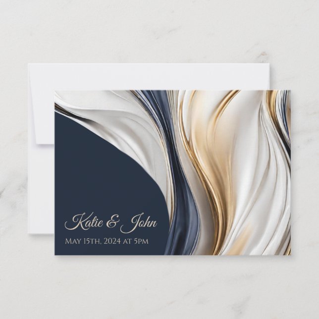 Cartão RSVP Casamento Moderno Abstrato - Azul Branco e Dourado (Frente)