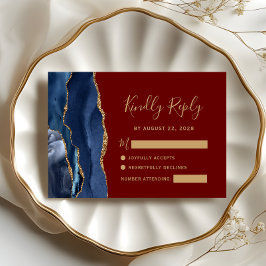 Cartão RSVP Casamento Moderno Azul Naval Dourado Ágata Burgund