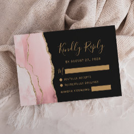 Cartão RSVP Casamento Moderno Bege Dourado Ágata Escura
