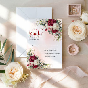 Cartão RSVP Casamento Moderno Boêmio Borgonha Flores Brancas D