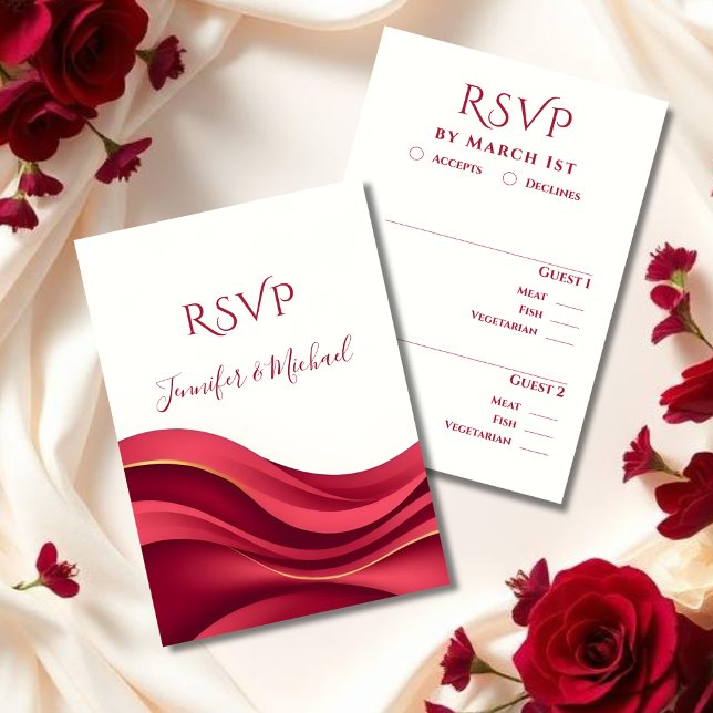 Cartão RSVP Casamento Moderno Borgonha  (Burgundy Wedding  RSVP Card with Meal Options)