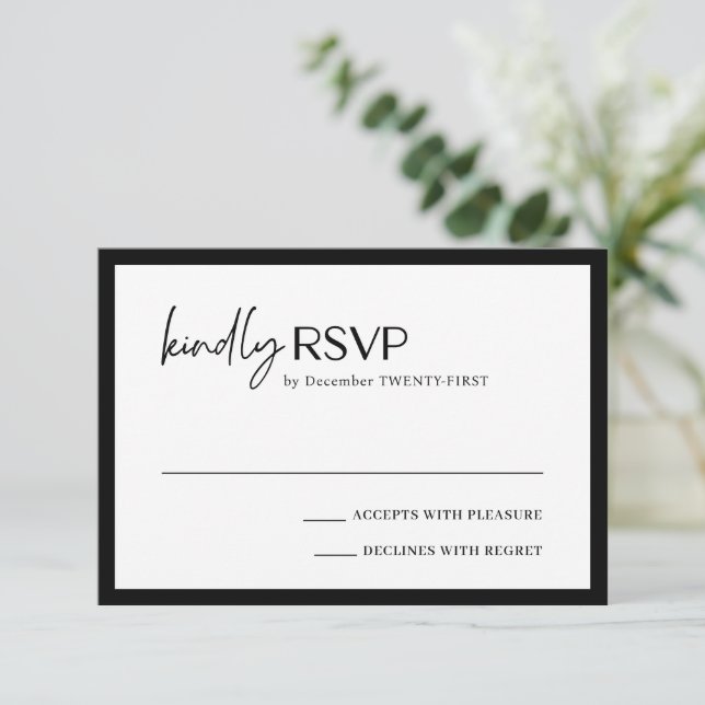 Cartão RSVP Casamento Moderno Branco e Negro Chic (Em pé/Frente)