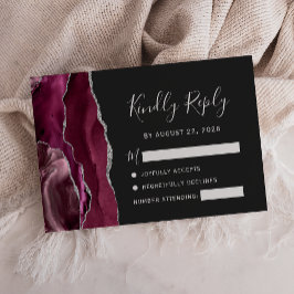 Cartão RSVP Casamento Moderno Burgundy Prata Ágata Escura