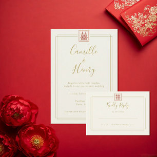Cartão RSVP Casamento Moderno Chic Dupla Felicidade Marfim Dou