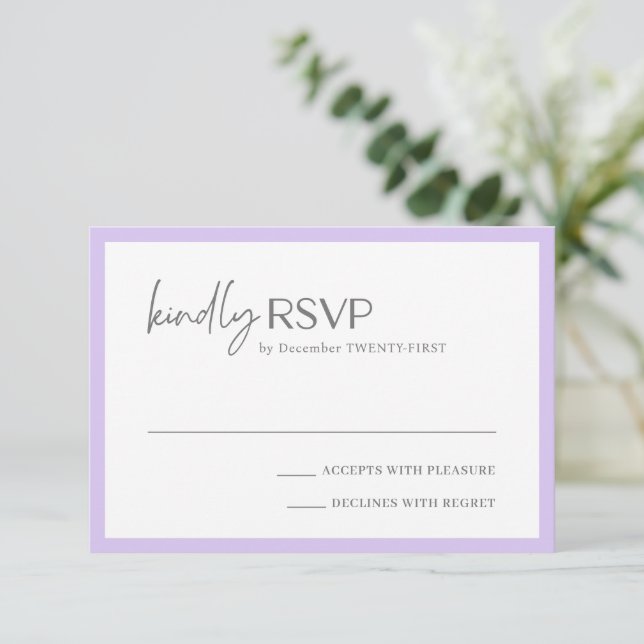 Cartão RSVP Casamento Moderno Chic Lilac (Em pé/Frente)