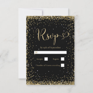 Cartão RSVP Casamento Moderno com Brilho Dourado e Preto