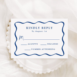Cartão RSVP Casamento Moderno com Moldura Azul Ondulada