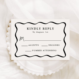Cartão RSVP Casamento Moderno com Moldura Ondulada Preta e Cre