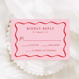 Cartão RSVP Casamento Moderno com Moldura Ondulada Rosa e Verm