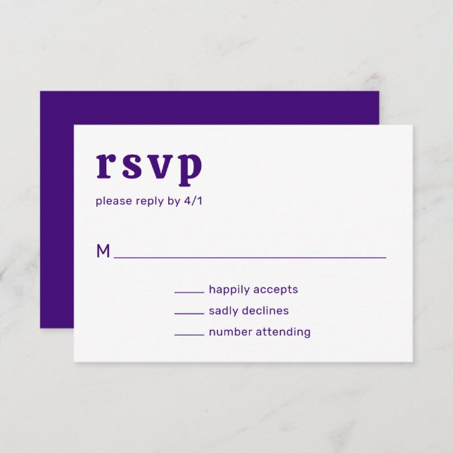 Cartão RSVP Casamento Moderno com Retro Font Purple (Frente/Verso)