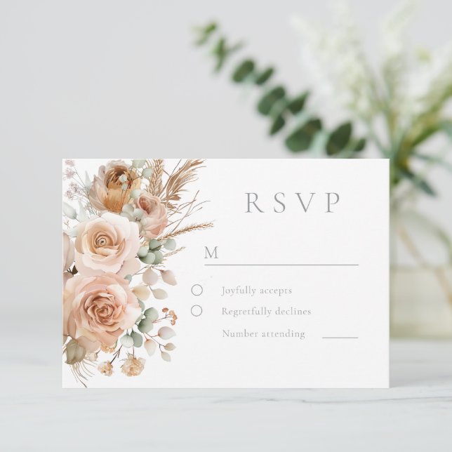 Cartão RSVP Casamento Moderno das Flores da Boêmia Elegante (Em pé/Frente)